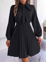 Pleated Solid Color Tied Long Sleeves Loose Mock Neck Mini Dresses
