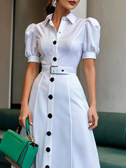 Puff Sleeves Short Sleeves Belted Buttoned Solid Color Lapel Maxi Dresses Shirt Dress