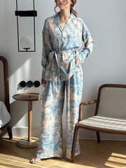 Printed Long Sleeves Buttoned Tied Waist Notched Collar Shirts Top + High Waisted Pants Bottom Two Pieces Set