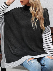 Contrast Color Striped Long Sleeves Loose Mock Neck Sweater Tops Pullovers