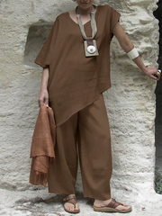 Casual Short Sleeves Loose Asymmetric Solid Color V-Neck Two Pieces Set