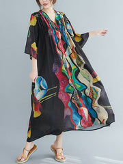 Loose Abstract Printed V-Neck Dress