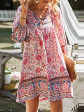 A-Line Loose Contrast Color Flower Print Pleated V-Neck Mini Dresses