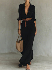 Long Sleeves Split-Joint Lapel Maxi Dresses Shirt Dress