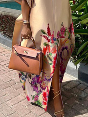 Elasticity Flower Print Split-Front A-Line Half Sleeves V-Neck Maxi Dresses