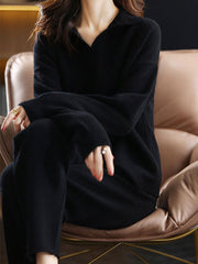 Loose Solid Color Long Sleeves Polo Sweater Top + Pants Bottom Two Pieces Set