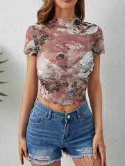 Butterfly Print Figure Ruffle Trim See-Through Short Sleeves Skinny Mock Neck T-Shirts Tops