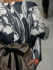 Long Sleeves Loose Flower Print Boat Neck Blouses&Shirts Tops