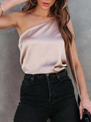 Asymmetric Solid Color Loose Sleeveless One-Shoulder Vest Top