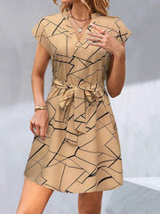 Printed Tied Waist A-Line Loose V-Neck Mini Dresses