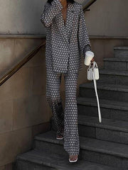 Printed Long Sleeves Lapel Outwear Top + Flared Trousers Bottom Two Pieces Set