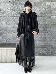 Drawstring Pleated Pullover Design Solid Color Long Sleeves Loose Lace Collar Blouses&Shirts Tops