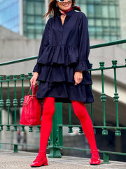 Buttoned Elasticity Layered Solid Color Flared Sleeves Long Sleeves V-Neck Mini Dresses