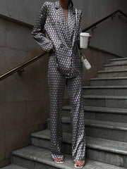 Printed Long Sleeves Lapel Outwear Top + Flared Trousers Bottom Two Pieces Set