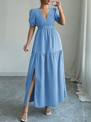 Pleated Solid Color Split-Front Half Sleeves High Waisted V-Neck Maxi Dresses