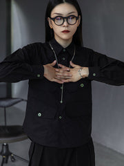 Simple Black Lapel Pockets Blouse