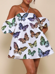 Butterfly Print Pleated Tied A-Line Loose Halter-Neck Mini Dresses
