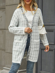 Plaid Pockets Tasseled Long Sleeves Loose Collarless Cardigan Tops