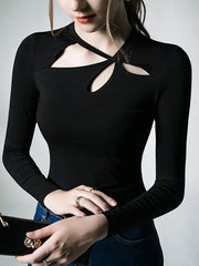 Hollow Solid Color Long Sleeves Skinny Asymmetric Collar T-Shirts Tops