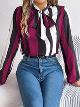 Contrast Color Elasticity Striped Tied Long Sleeves Loose Mock Neck Blouses&Shirts Tops