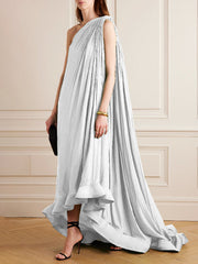 Banquet Sleeveless Loose Pleated Falbala Solid Color One-Shoulder Maxi Dresses