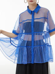 Original Short Sleeves Loose Buttoned Mesh Pleated Solid Color Blouses&Shirts Tops
