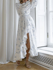 Pleated Polka-Dot Tied Waist High Waisted High-Low V-Neck Maxi Dresses