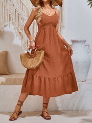 Hollow Jacquard Pleated Solid Color Split-Joint A-Line Loose Spaghetti-Neck Midi Dresses