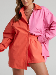 Original Loose Contrast Color Blouse&Elasticity Shorts 2 Pieces Set
