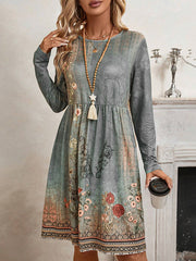 Flower Print Pleated Split-Joint A-line Long Sleeves Round-neck Mini Dresses