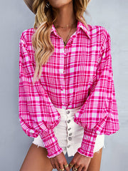 Buttoned Contrast Color Elasticity Plaid Long Sleeves Loose Lapel Blouses&Shirts Tops