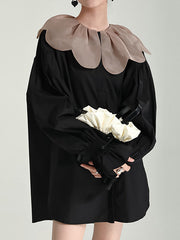 Contrast Color Elasticity Pleated Split-Joint Long Sleeves Loose Peter Pan Collar Blouses