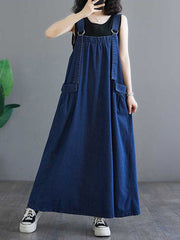 Pleated Pockets Split-Joint A-Line Loose Spaghetti-Neck Suspender Dress Maxi Dresses