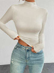 Solid Color Long Sleeves Skinny High Neck T-Shirts Tops