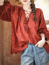 Hollow Pleated Solid Color Split-Joint Tied Long Sleeves Loose V-Neck Blouses&Shirts Tops