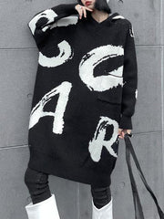Knitted Letters Pockets Long Sleeves Loose Hooded Sweater Dresses Mini Dresses
