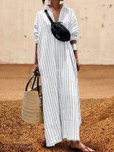 Striped Long Sleeves Lapel Maxi Dresses