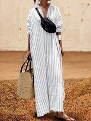 Striped Long Sleeves Lapel Maxi Dresses