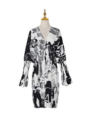 Contrast Color Pleated Printed Flared Sleeves High Waisted V-neck Mini Dresses