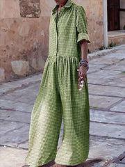 Buttoned Plaid Pleated Split-Joint Long Sleeves Loose Lapel Jumpsuits