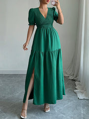Pleated Solid Color Split-Front Half Sleeves High Waisted V-Neck Maxi Dresses