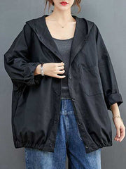 Buttoned Pleated Pockets Solid Color Long Sleeves Loose Hooded Trench Coats Outerwear