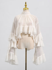 Pleated Ruffle Trim See-Through Solid Color Tied False Two Flared Sleeves Mock Neck Blouses&Shirts Tops