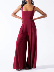 Pleated Solid Color Loose Sleeveless Spaghetti-Neck Jumpsuits