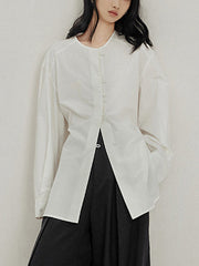 Buttoned Solid Color Tied Long Sleeves Loose Round-Neck Blouses&Shirts Tops