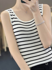 Contrast Color Striped Loose Sleeveless U-Neck Vest Top