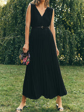 Pleated Solid Color Split-Joint A-line Loose V-neck Maxi Dresses