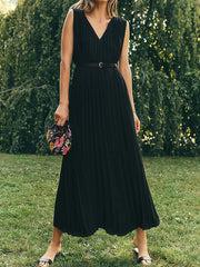 Pleated Solid Color Split-Joint A-line Loose V-neck Maxi Dresses