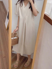 Simple Loose Linen Short Sleeves Solid Color V-Neck Midi Dresses