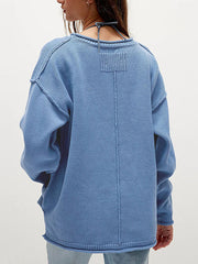 Solid Color Split-Joint Long Sleeves Loose Round-neck Sweater Tops